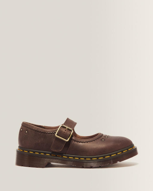 Mary Jane Flower Crazy Horse Leather Shoes - Dark Brown — Crazy Horse