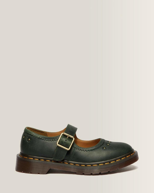 Mary Jane Flower Crazy Horse Leather Shoes - DMS GREEN — Crazy Horse