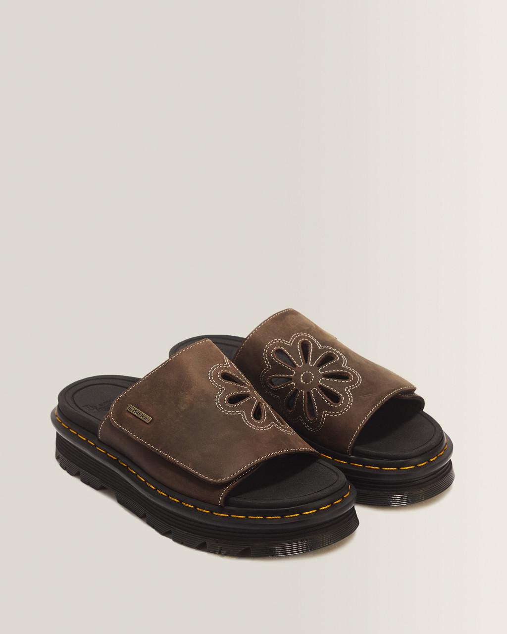 Zebzag Flower Crazy Horse Leather Slides - Dark Brown — Crazy Horse - image 5
