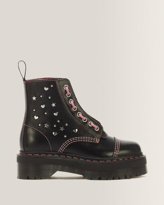 Sinclair Hearts & Stars 8 Eye Milled Gloss Leather Platform Boots - BLACK — Milled Gloss