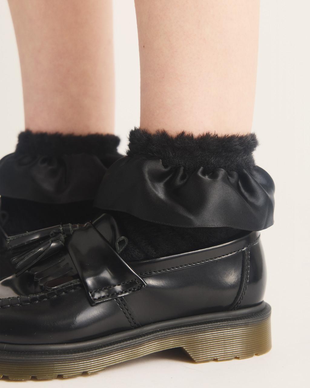 Satin Frill Fluffy Socks - BLACK — Poly - image 2