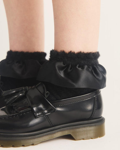 Satin Frill Fluffy Socks - BLACK — Poly - image 2